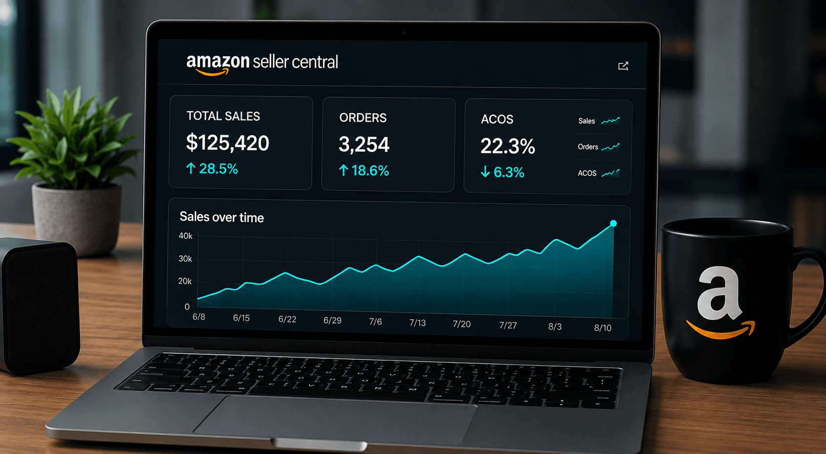 An Amazon Seller Central dashboard on a laptop showing $125,420 in total sales, 3,254 orders and 22.3% ACOS beside a rising sales-over-time chart.