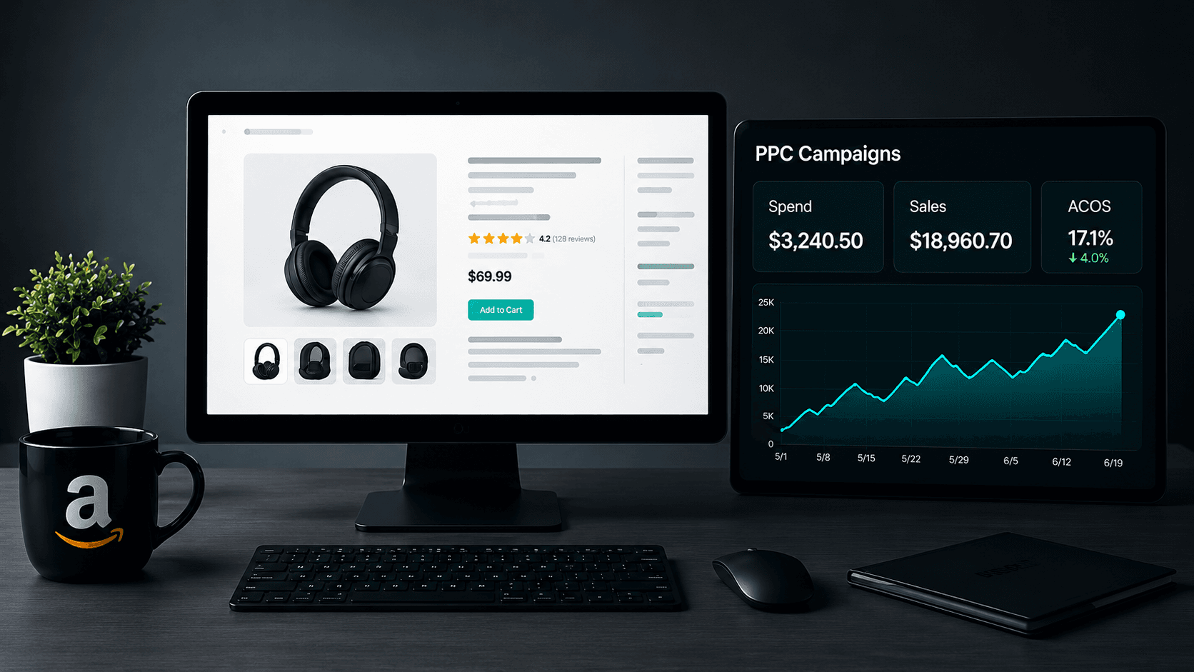 A product listing for headphones on one monitor beside a PPC campaigns panel reporting $3,240.50 spend against $18,960.70 in sales at 17.1% ACOS.