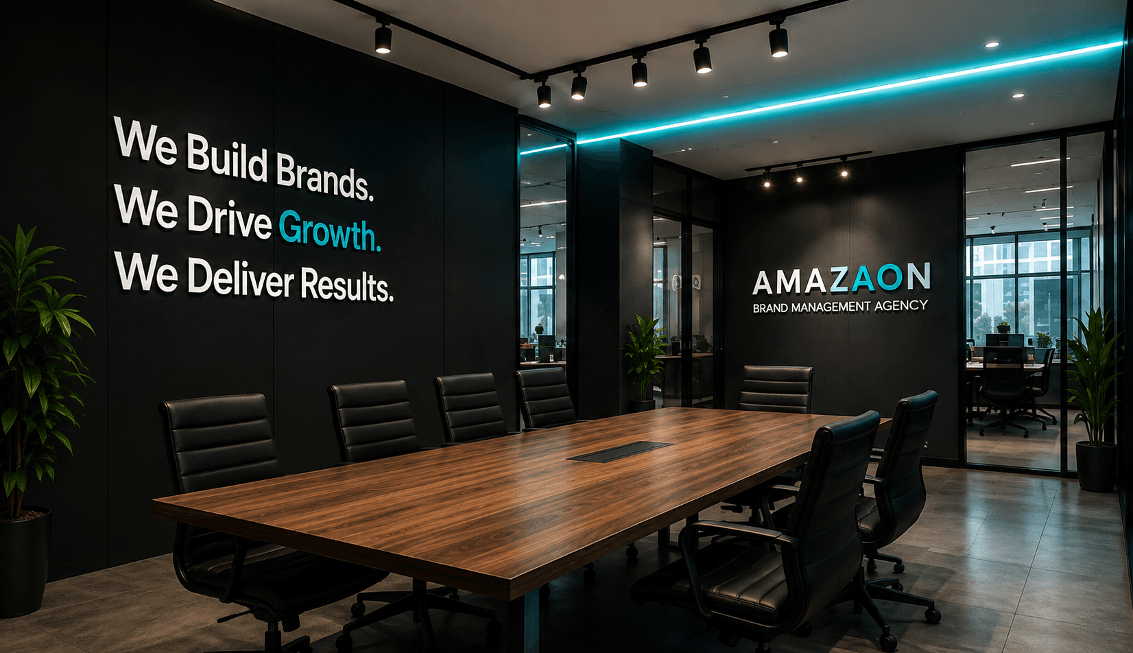 Inside the FBA Zest office — a meeting room with the wall statement "We Build Brands. We Drive Growth. We Deliver Results."