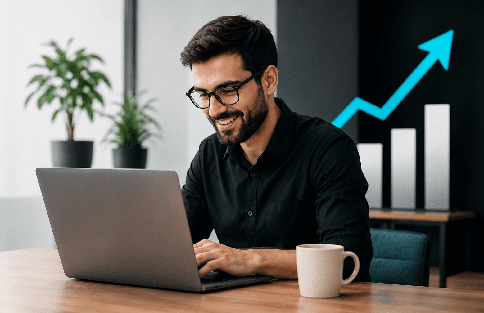 An Amazon brand manager reviewing performance dashboards on a laptop, with a rising sales chart behind him.