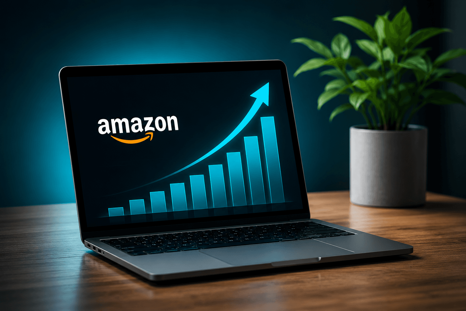 A laptop on a desk displaying the Amazon logo above a rising bar chart and growth arrow, lit in teal.